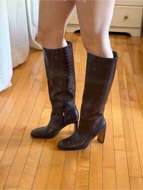 Brown PU Croc Leather Knee-High Boots - Torrance Princess Polly